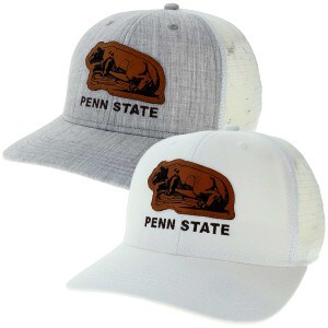 heather gray and white trucker hats with Nittany Lion Shrine engraved leather patch above embroidered Penn State